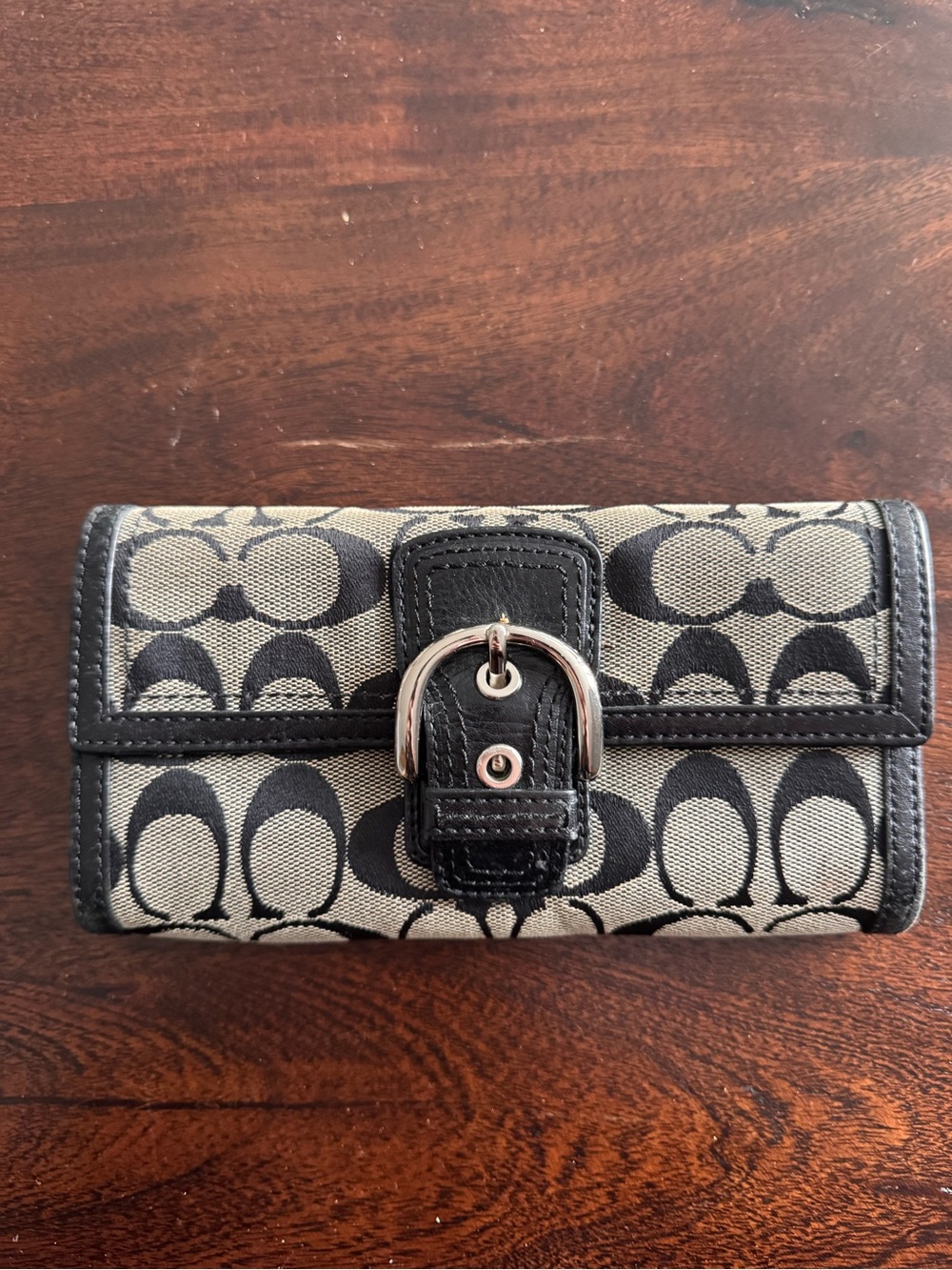 Coach Black and Cream Signature Buckle Wallet